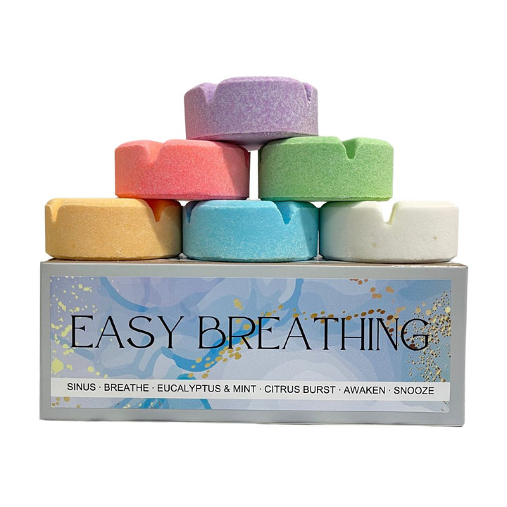 Easy Breathing Aromatherapy Shower Steamer - 6 Pack-Aromatherapy Shower Steamers-Elena Bath and Body-aromatherapy-essential-oils-australia-menthol-sinus-relax-sleep-tablet-disc-strong-Shower-steamers-shower-bombs-shower-melts-aromatherapy-shower-tablets-shower-fizzies-shower-pods-shower-soothers-shower-discs-steam-therapy-tablets-spa-steamers-shower-aromatherapy-bombs-effervescent-shower-tablets-steam-melts-sinus-relief-tablets-decongestant-melts-energy-boost-discs-relaxation-tablets-sleep-steamers-wellness