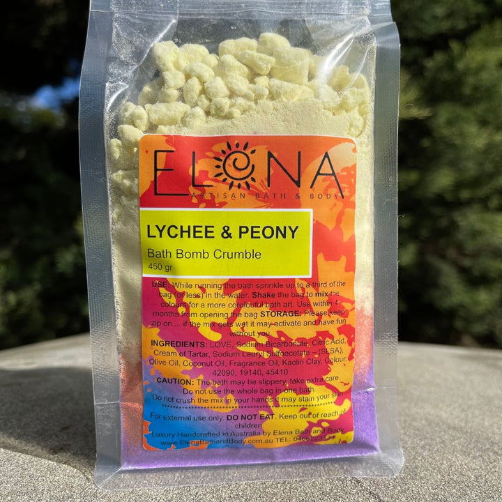 Lychee & Peony 450gr Bath Bomb Crumble-Bath Crumble Bath Dust-Elena Bath and Body-natural-chemical-free-bath-bomb-dust-for-kids-made-in-australia