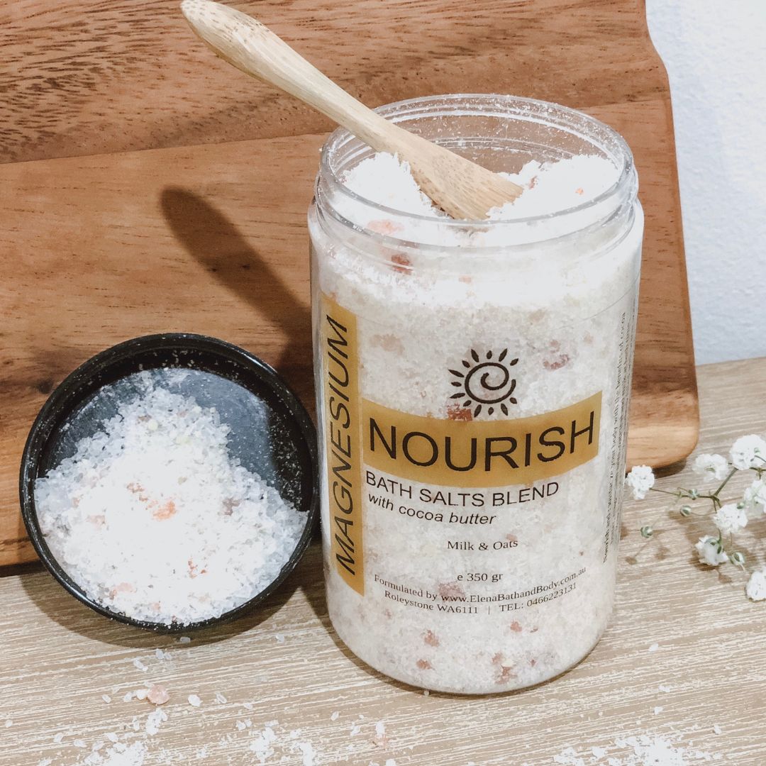 Magnesium Bath Salts - NOURISH-Salts-Elena Bath and Body-350 gr-relaxing-bath-soaks-muscle-recovery-stress-relief-sleep-aid-detox