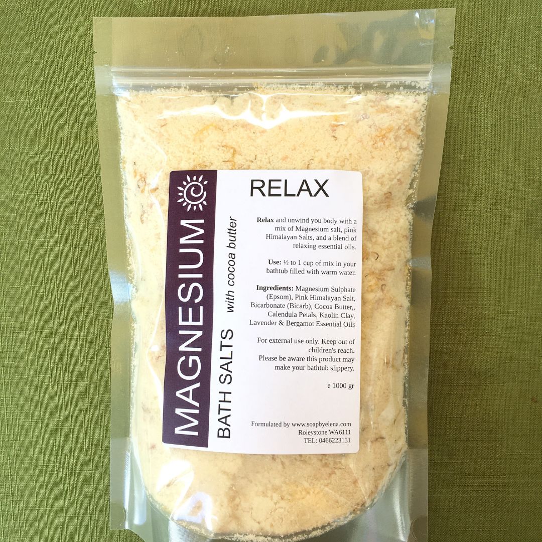 Magnesium Bath Salts - RELAX-Salts-Elena Bath and Body-1000 gr-relaxing-bath-soaks-muscle-recovery-stress-relief-sleep-aid-detox