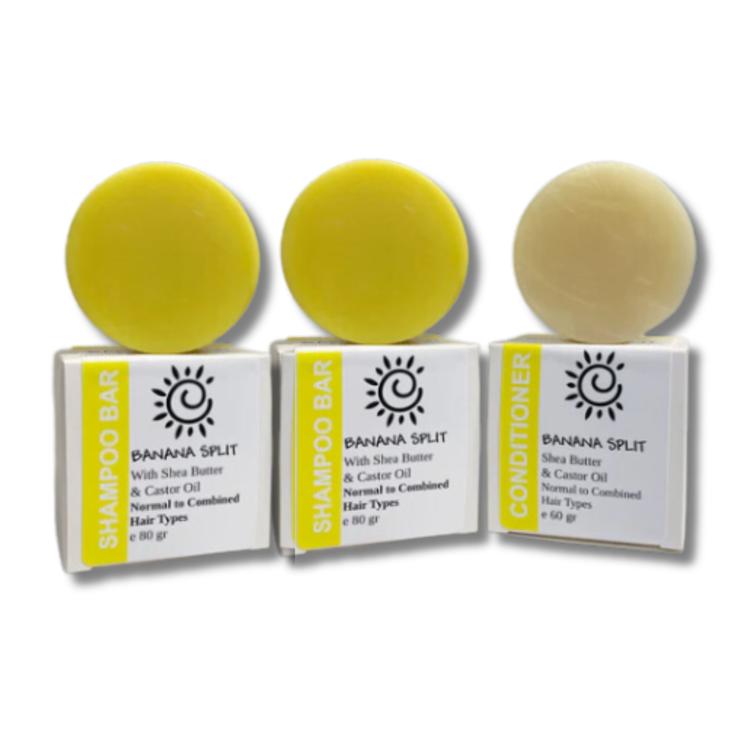 Solid Shampoo & Conditioner Bar Bundle [2x Shampoo bars 1 x Conditioner]-Solid Shampoo Conditioner Bar-Elena Bath and Body-Banana Split (2 Shampoo Bars 1 Conditioner)-natural-solid-shampoo-conditioner-curly-hair-ph-balanced-made-in-australia