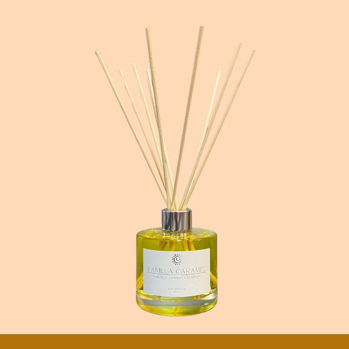 Vanilla Caramel - Reed Diffuser 200 ml-Strong Scented Reed Diffuser-Elena Bath and Body-natural-perfume-long-lasting-fragrance-handmade-in-Australia-Reed-diffusers-fragrance-diffusers-fragrance-oil-home-fragrance-decorative-long-lasting-luxury-scented-handmade-bamboo-vegan-cruelty-free-plastic-free-natural-fibre-room-scent-eco-friendly-refillable-bespoke-floral-woody-citrus-herbal-refreshing-uplifting-calming